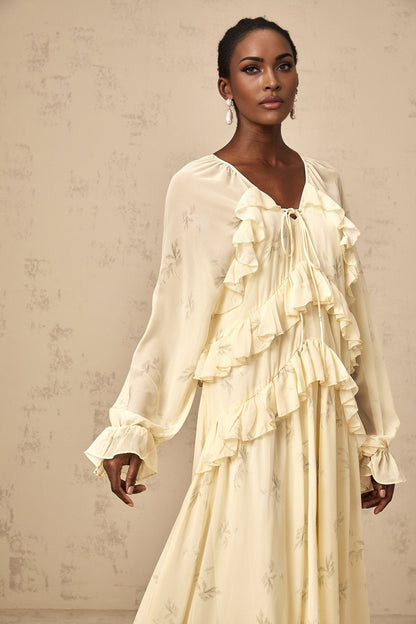 Oriane yellow midi dress with floral print and ruffled chiffon fabric