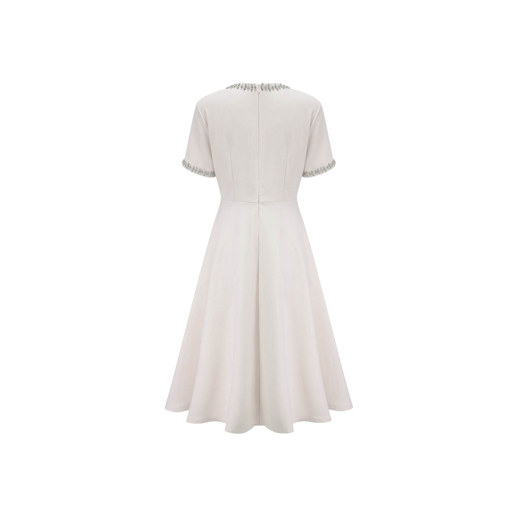 White midi dress with crystal accents and bow detail named Cassiopeia