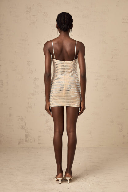 Black mini dress with shiny stud embellishments and short sleeves
