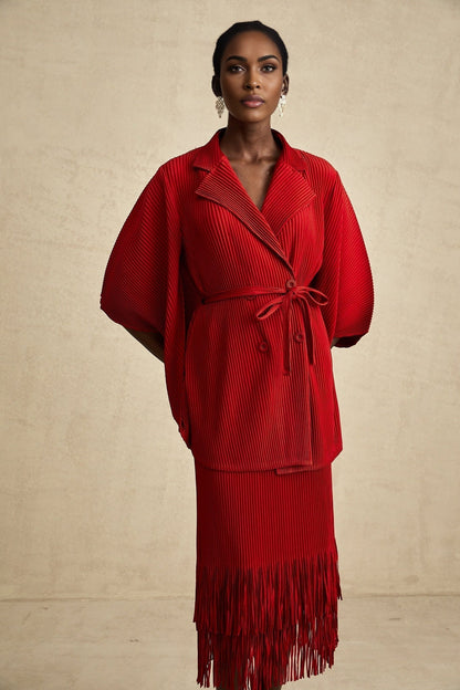 Cyrielle red pleated jacket  skirt matching set