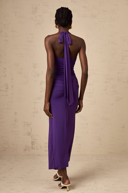 A purple halterneck midi dress with ruched detailing named Renata