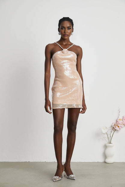 A short shimmering mini dress with a floral pattern made of sequins named Eadaoin