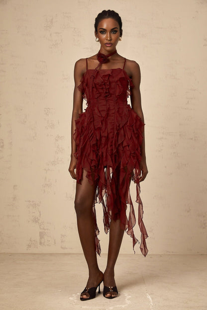 A short winered mini dress with ruffles and rose appliques adorning the fabric
