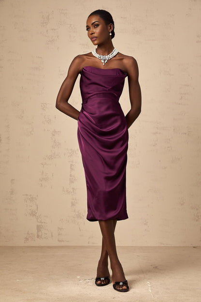 Chloé purple midi dress with ruched satin fabric and elegant silhouette
