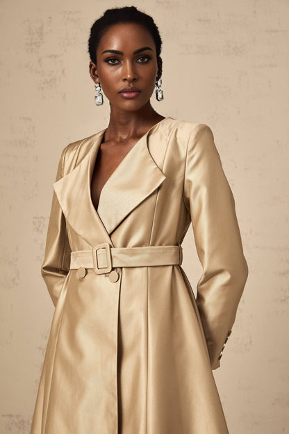 Woman wearing long khaki coat with belt at waist standing in urban setting
