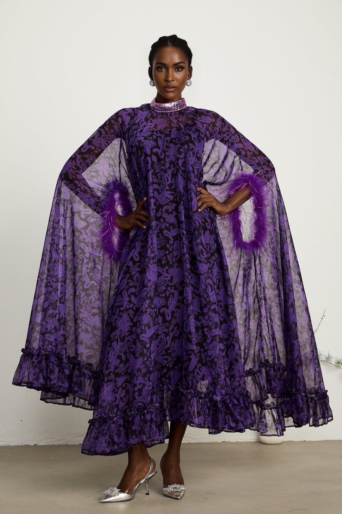 Lisette feathertrim batwingsleeve maxi dress