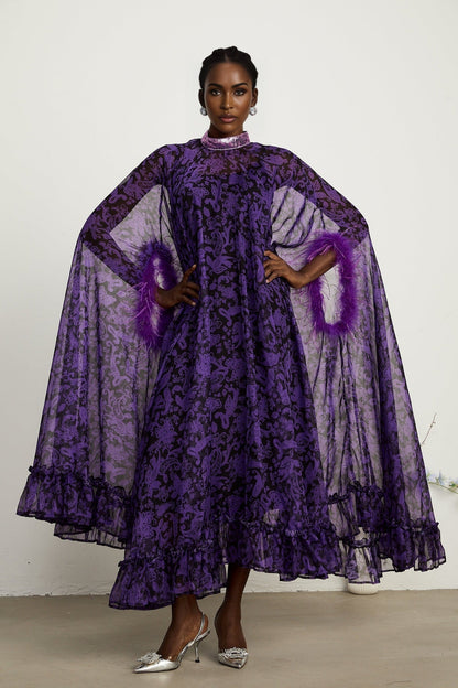 Lisette feathertrim batwingsleeve maxi dress