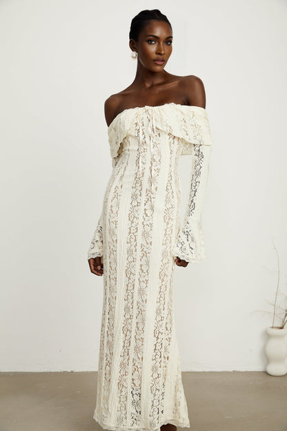 Émeline floral lace flaredcuff maxi dress in Neutrals