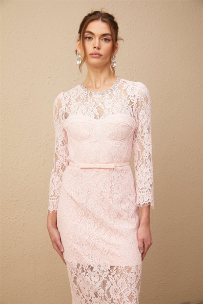 A pink midi dress with floral embroidery and lace details featuring embellishments throughout the design