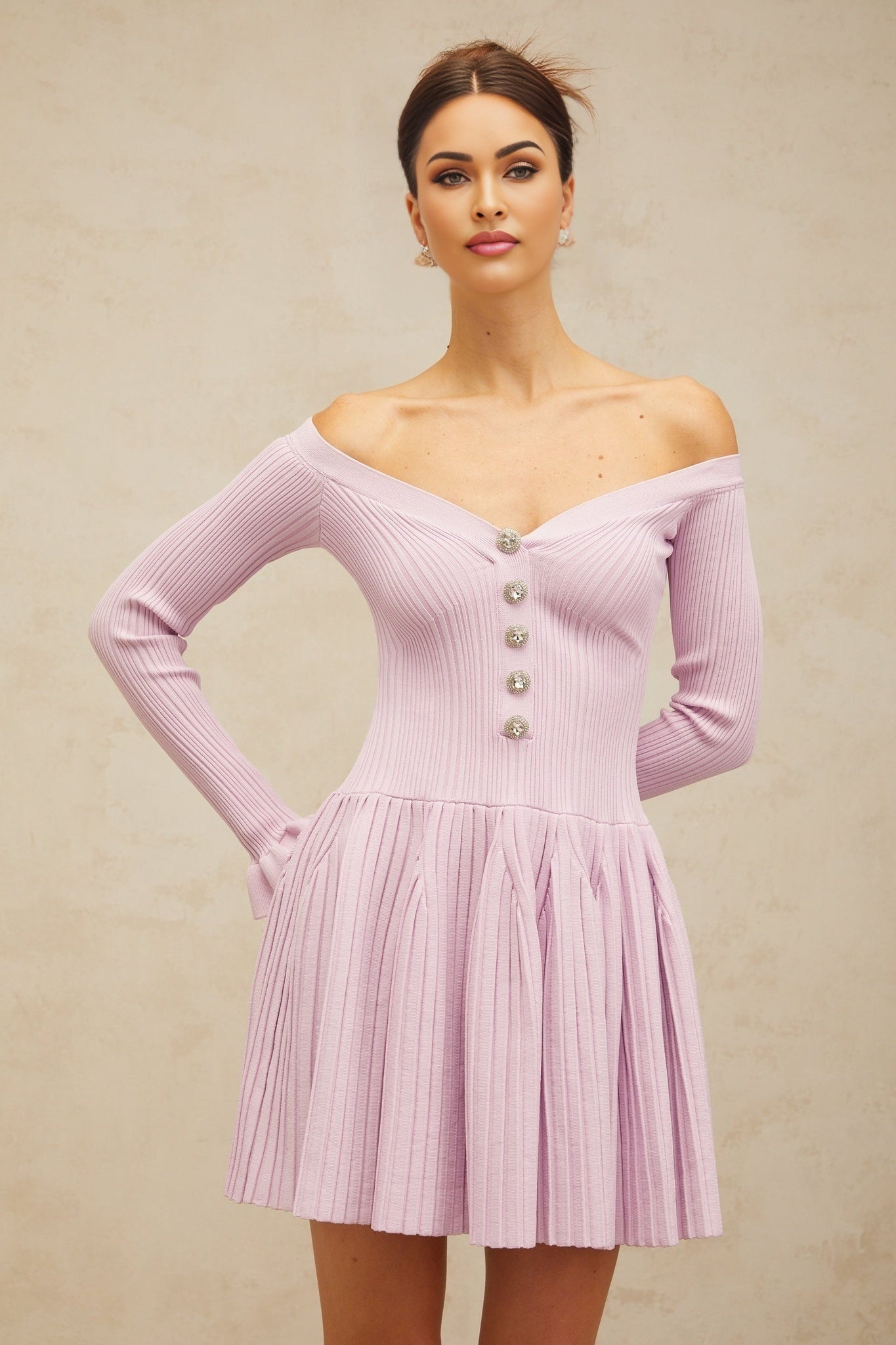 Light purple off shoulder mini dress with ribbed knit texture