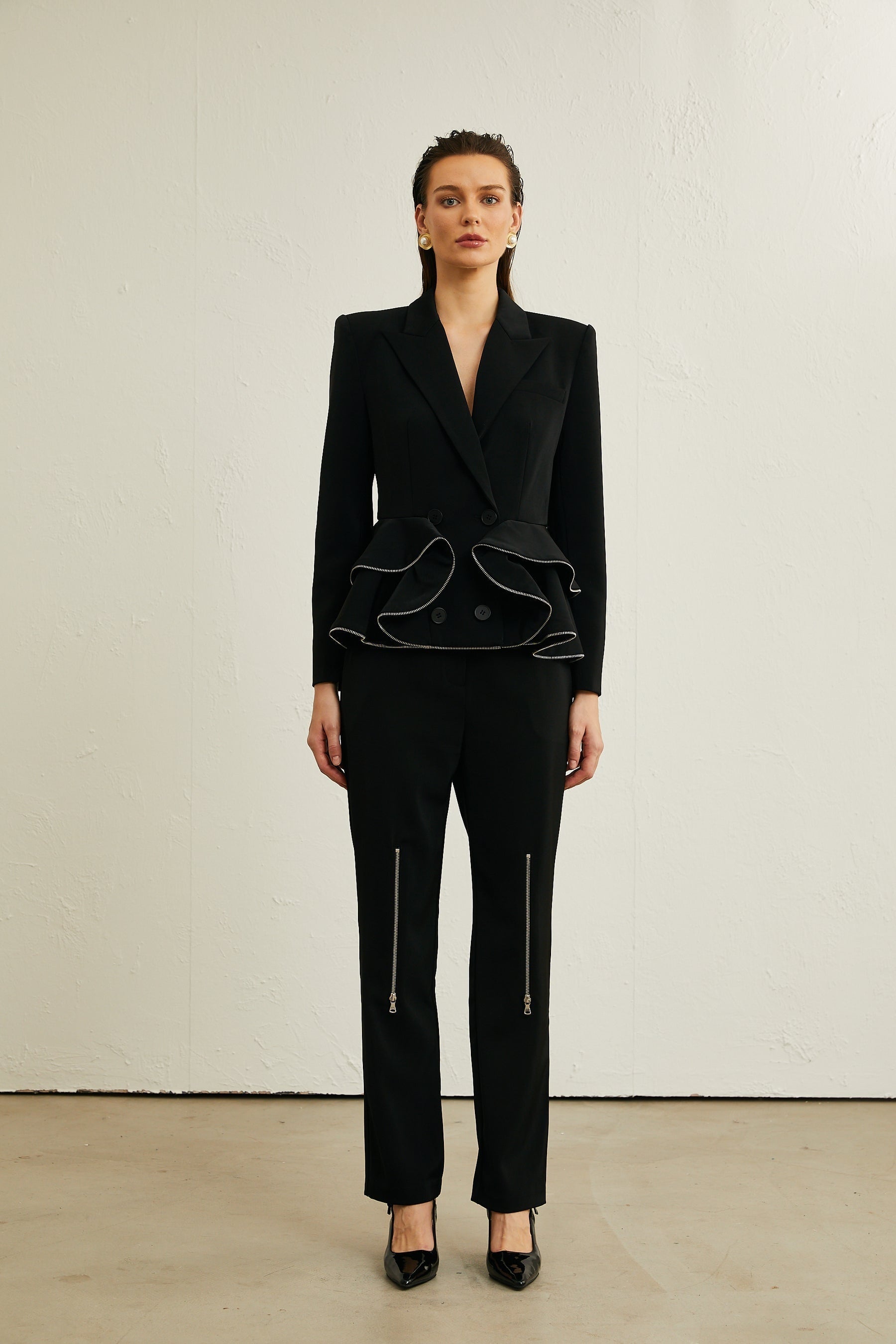 Élise black zipdetail jacket  trousers matching set