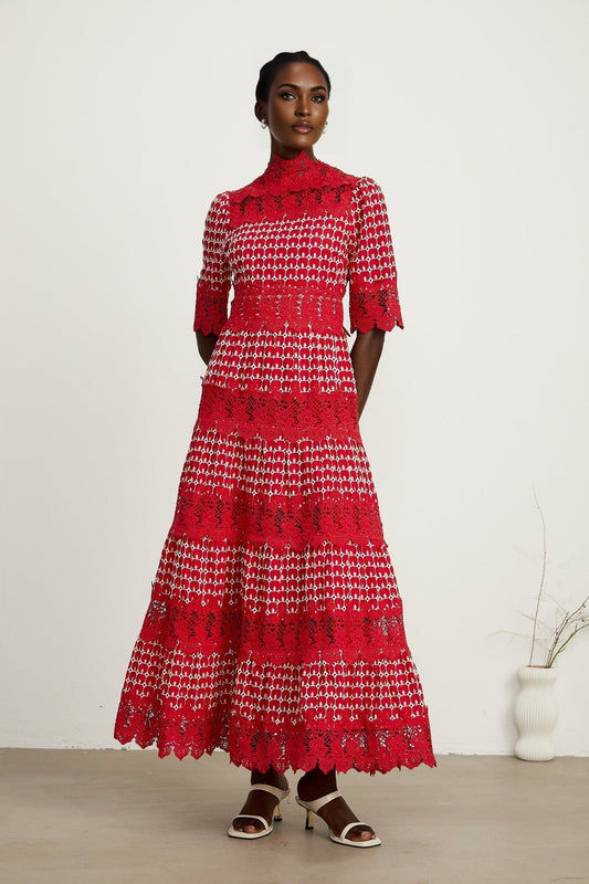 Chantal red scalloppattern lacepanel maxi dress
