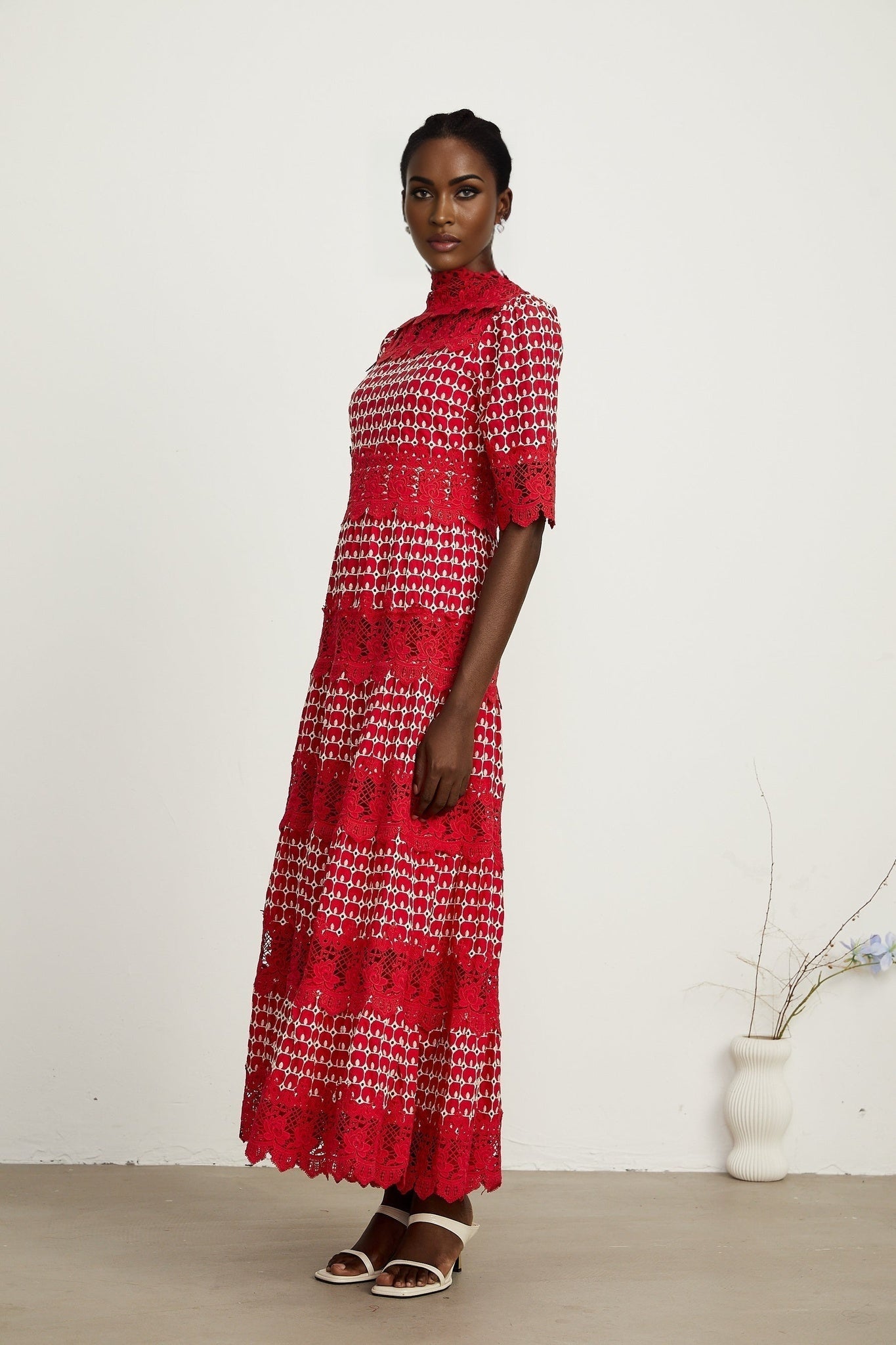 Chantal red scalloppattern lacepanel maxi dress