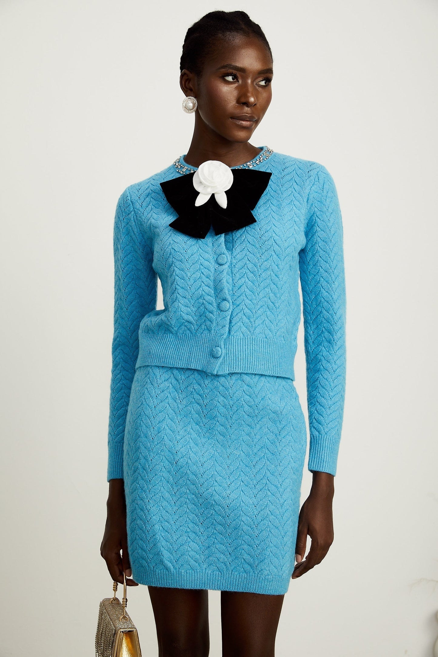 Aliénor blue knitted embellished cardigan  skirt matching set