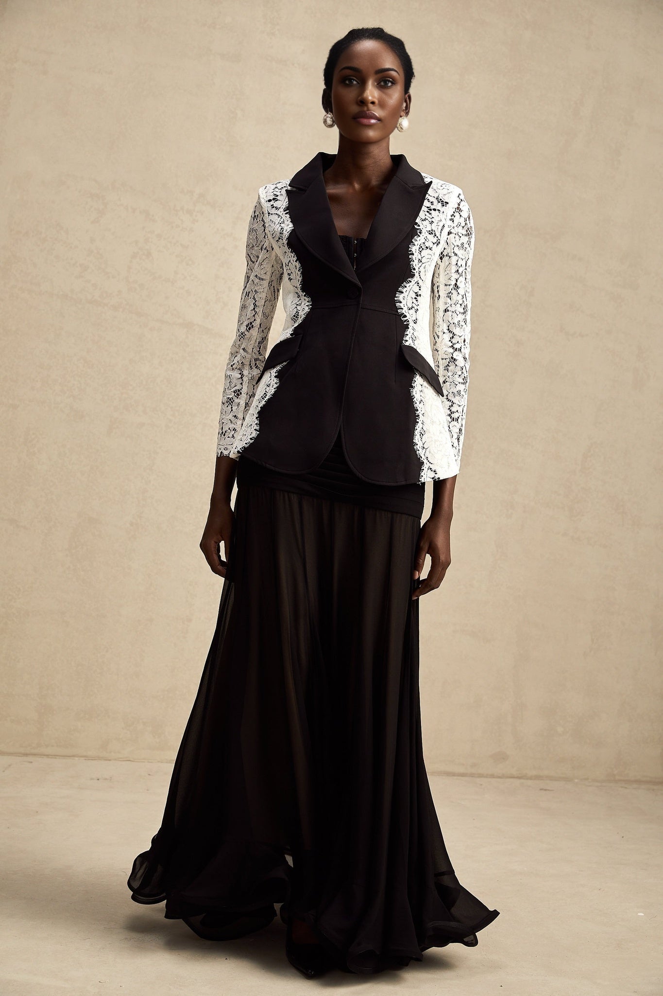 Stylish blazer with color block design and lace trim named Sandrine