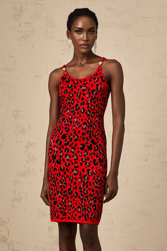 A short red mini dress with a shiny leopard print pattern and lurex fabric