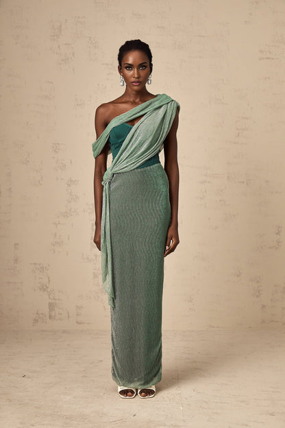 A green maxi dress with a corset bodice featuring a ribbon design and a long flowing skirt