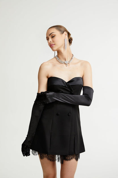 Black mini dress with lace details called Zephyra