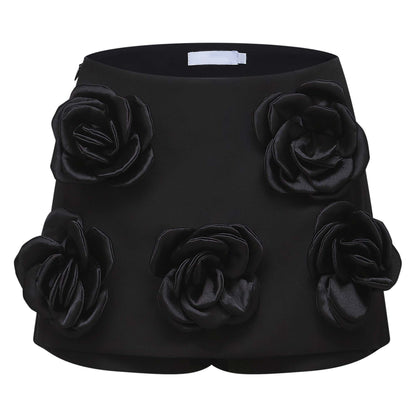 Black mini skirt with artificial flowers by Nalini