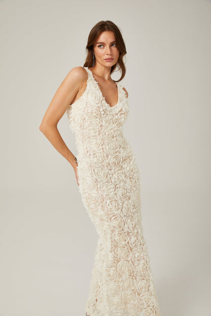 Sylvie fauxflower Vneck maxi dress in Neutrals