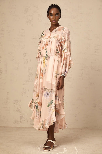 A floral patterned midi dress with ruffled trim details named Patricia
