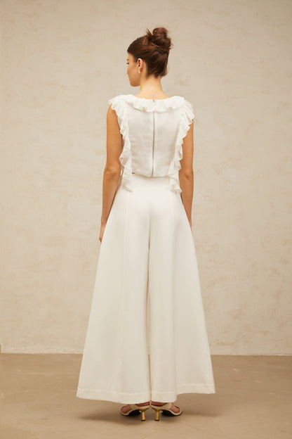 White cropped chiffon top with bowknot and ruffle details
