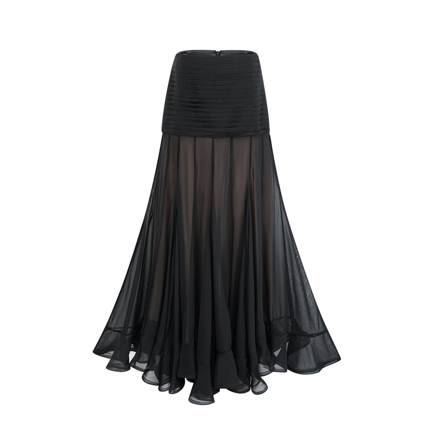 A long flowy maxi skirt with ruffle details and pleated tulle fabric in a soft rayon material