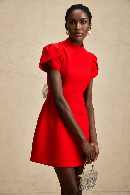 Anna red petalsleeve cutout bow mini dress
