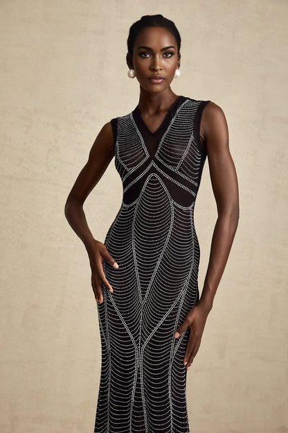 Liane black crystalembellished semisheer maxi dress