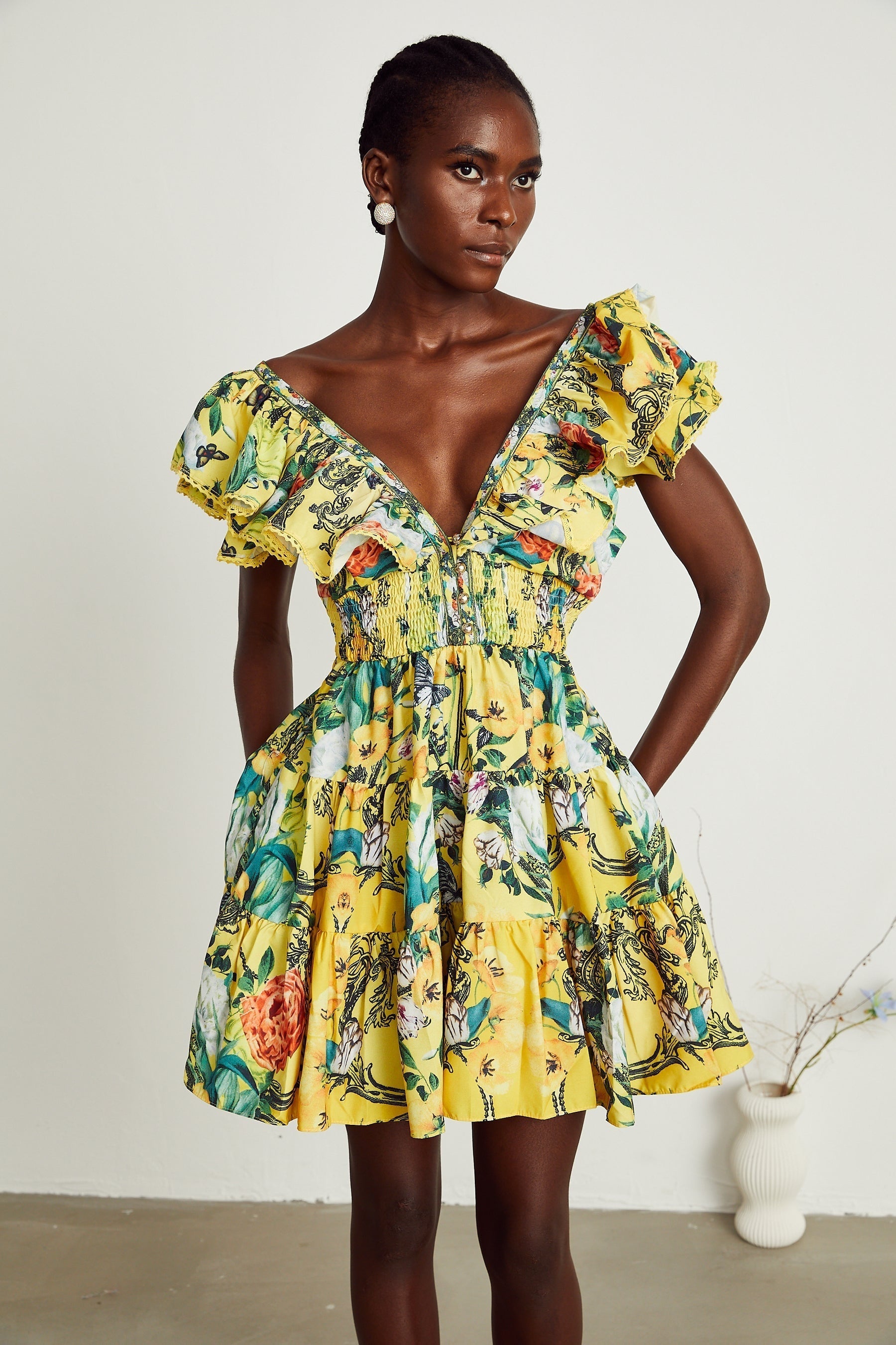 Saige ruffled floralprint mini dress in Yellow