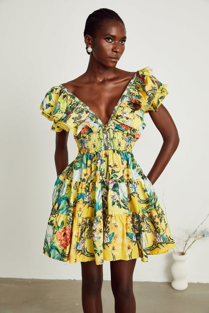Saige ruffled floralprint mini dress in Yellow