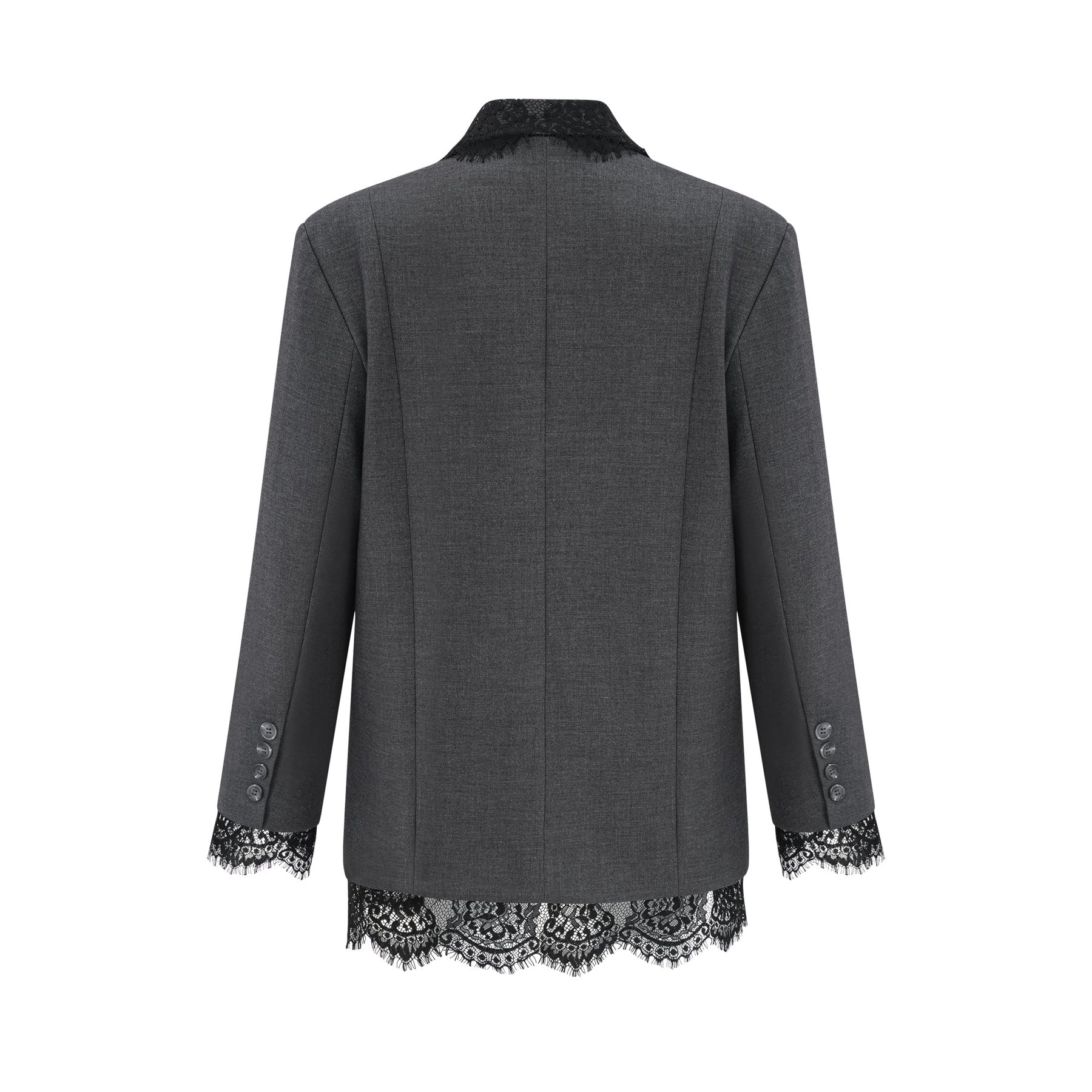 A grey blazer with lace panel detailing