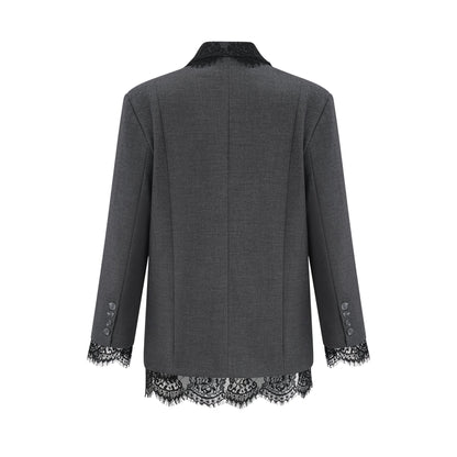 A grey blazer with lace panel detailing