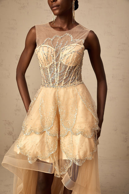 Elegant champagnecolored gown with daisy embellishments and highlow hemline