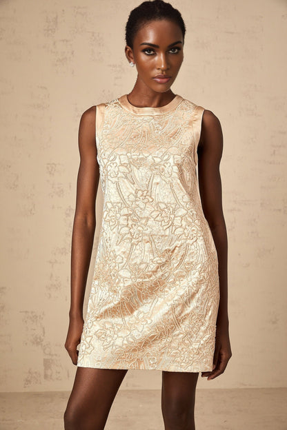 A short sleeveless mini dress with intricate embroidery and beaded embellishments named Isabelle