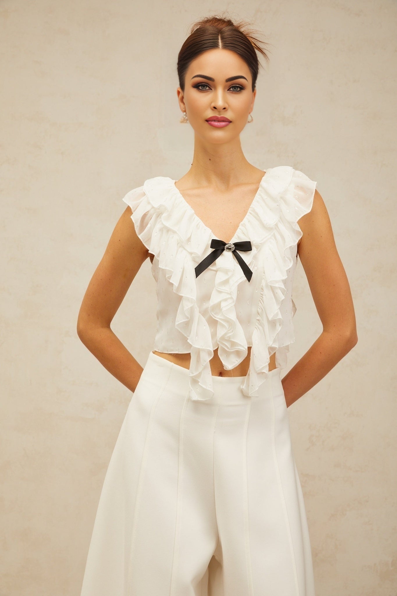 White chiffon cropped top with bowknot and ruffles