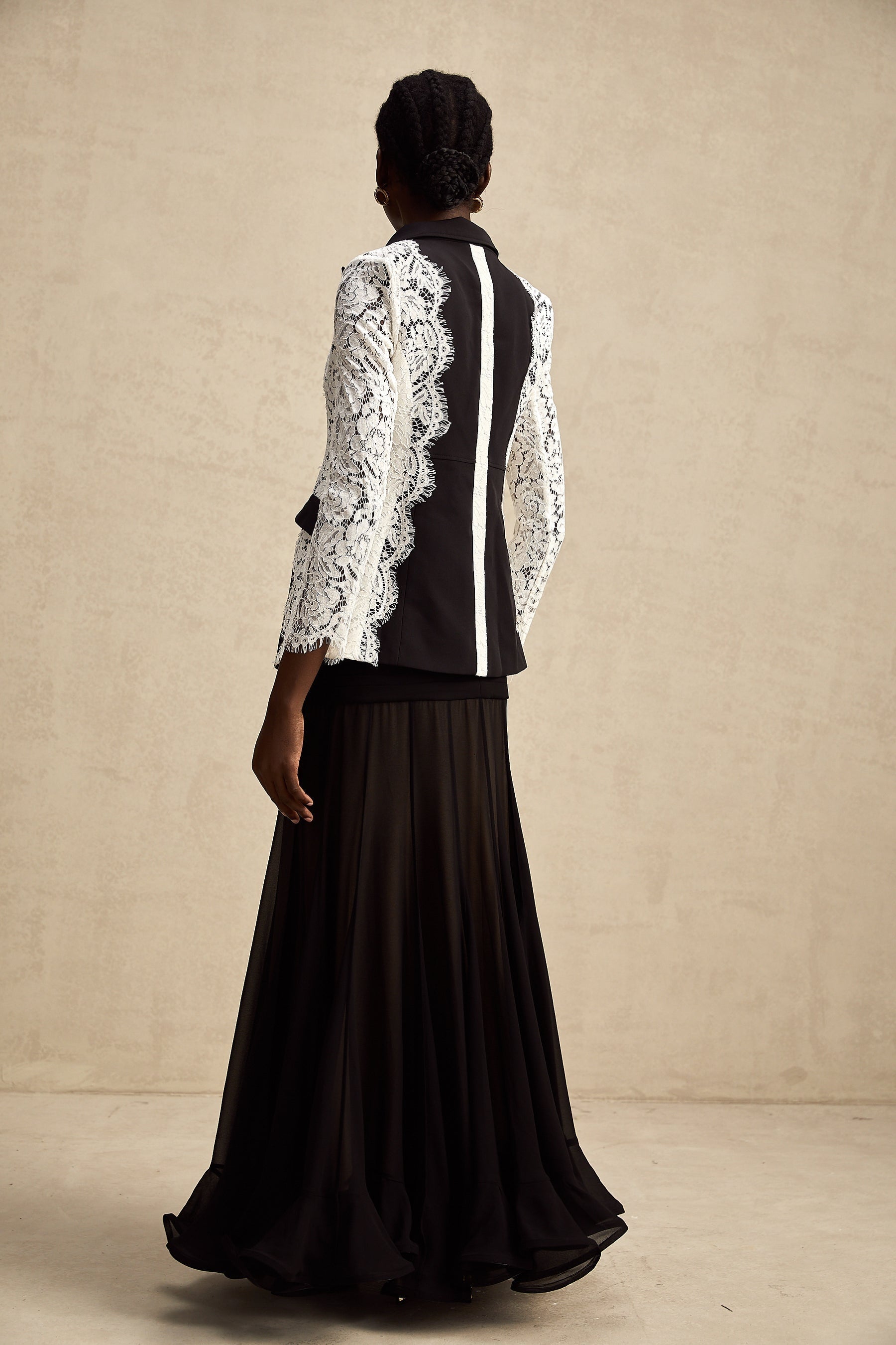 Womens blazer with color block design and lace trim in contrasting colors