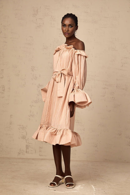 Pink midi dress with tied waist and ruffled details named Agathe