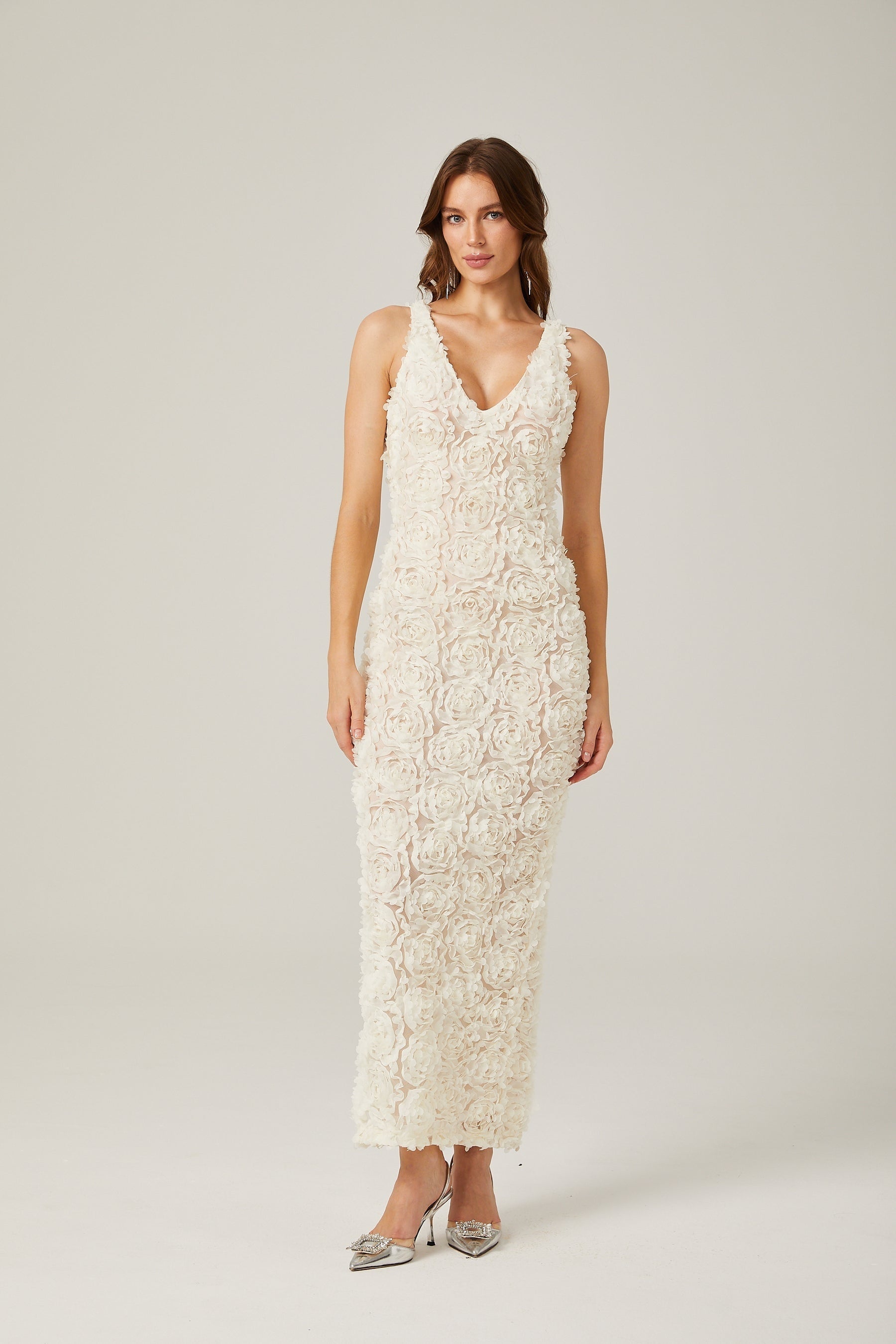 Sylvie fauxflower Vneck maxi dress in Neutrals