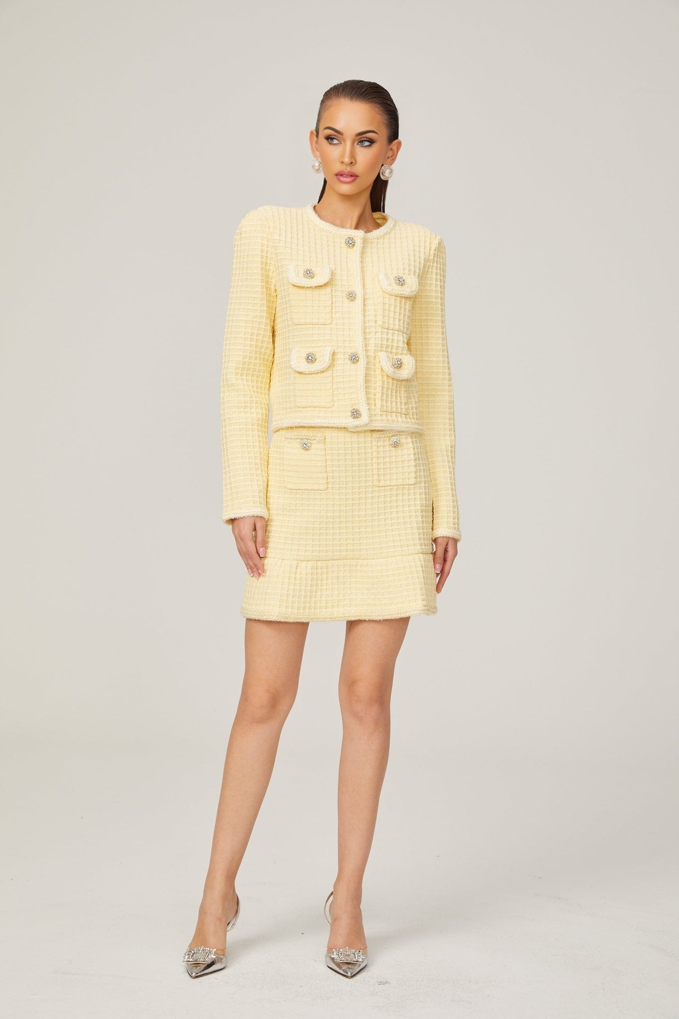 Fabienne yellow waffleknit jacket  skirt matching set