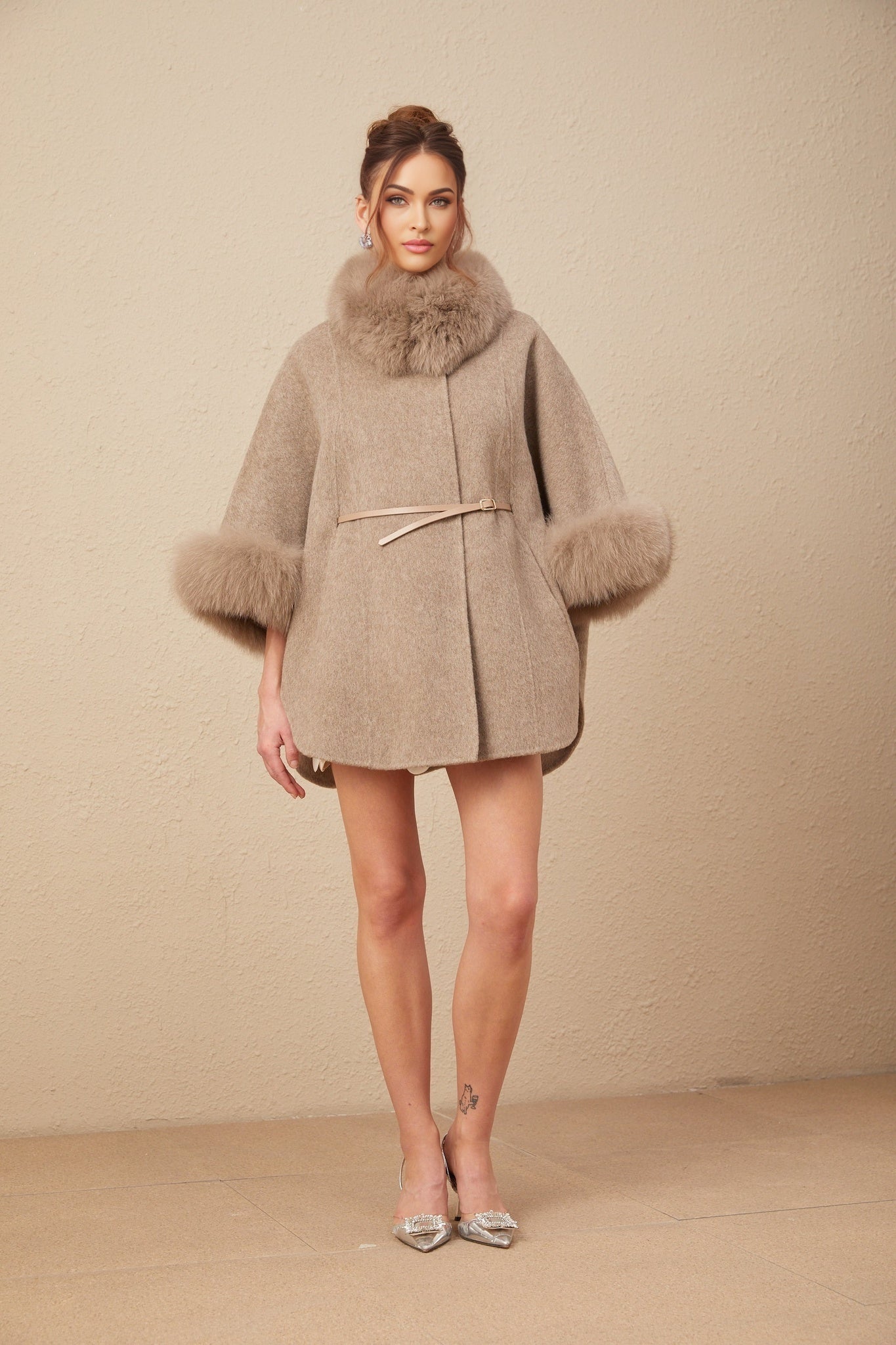 Chloris brown wool coat with fur trim and belt featuring a cape style design