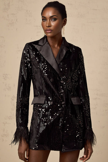 A black blazer with sequin embellishments and feather trim along the edges named Ariane