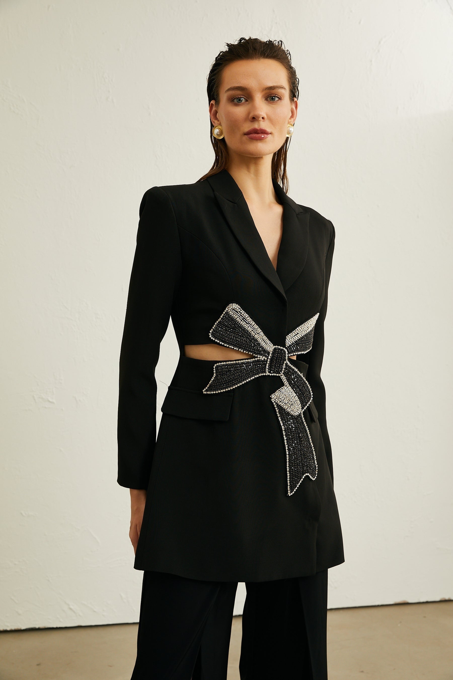 Justine black bowknot cutout blazer