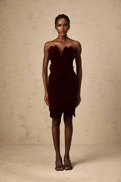 A red velvet mini dress with floral applique detailing by Maiwenn