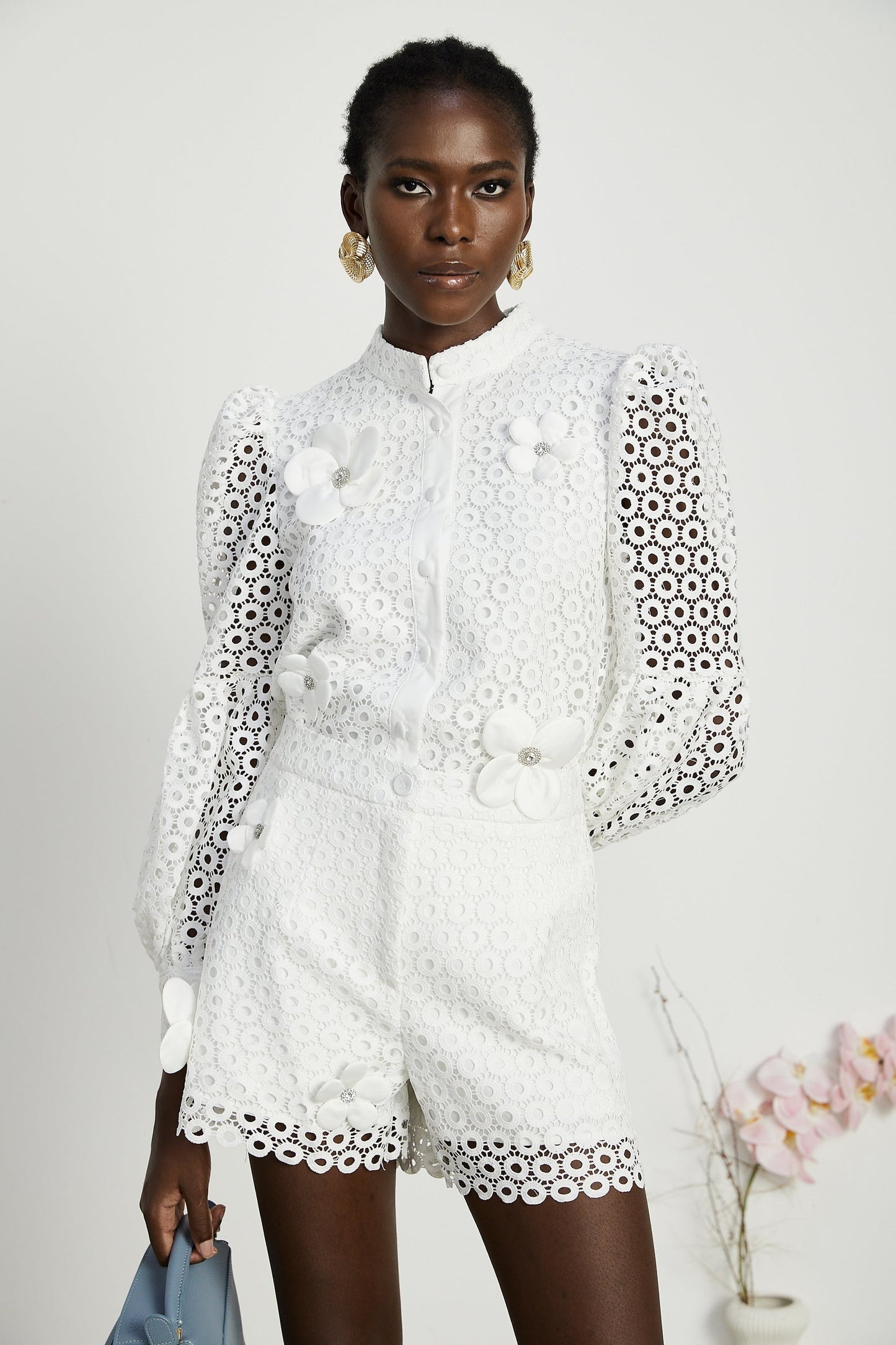 Calla fauxflower cutout blouse  shorts matching set