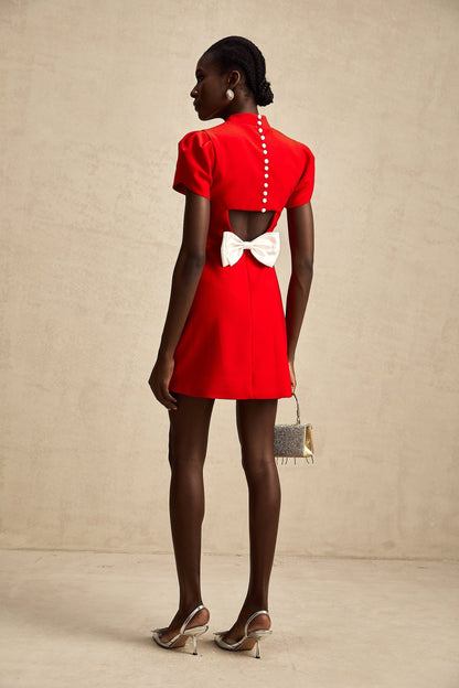 Anna red petalsleeve cutout bow mini dress