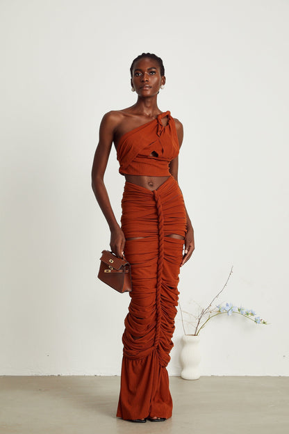 Célestine brown twisted cutout top  skirt matching set