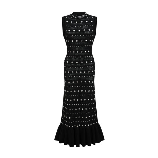 Black crochet knit maxi dress with studs by Chloe
