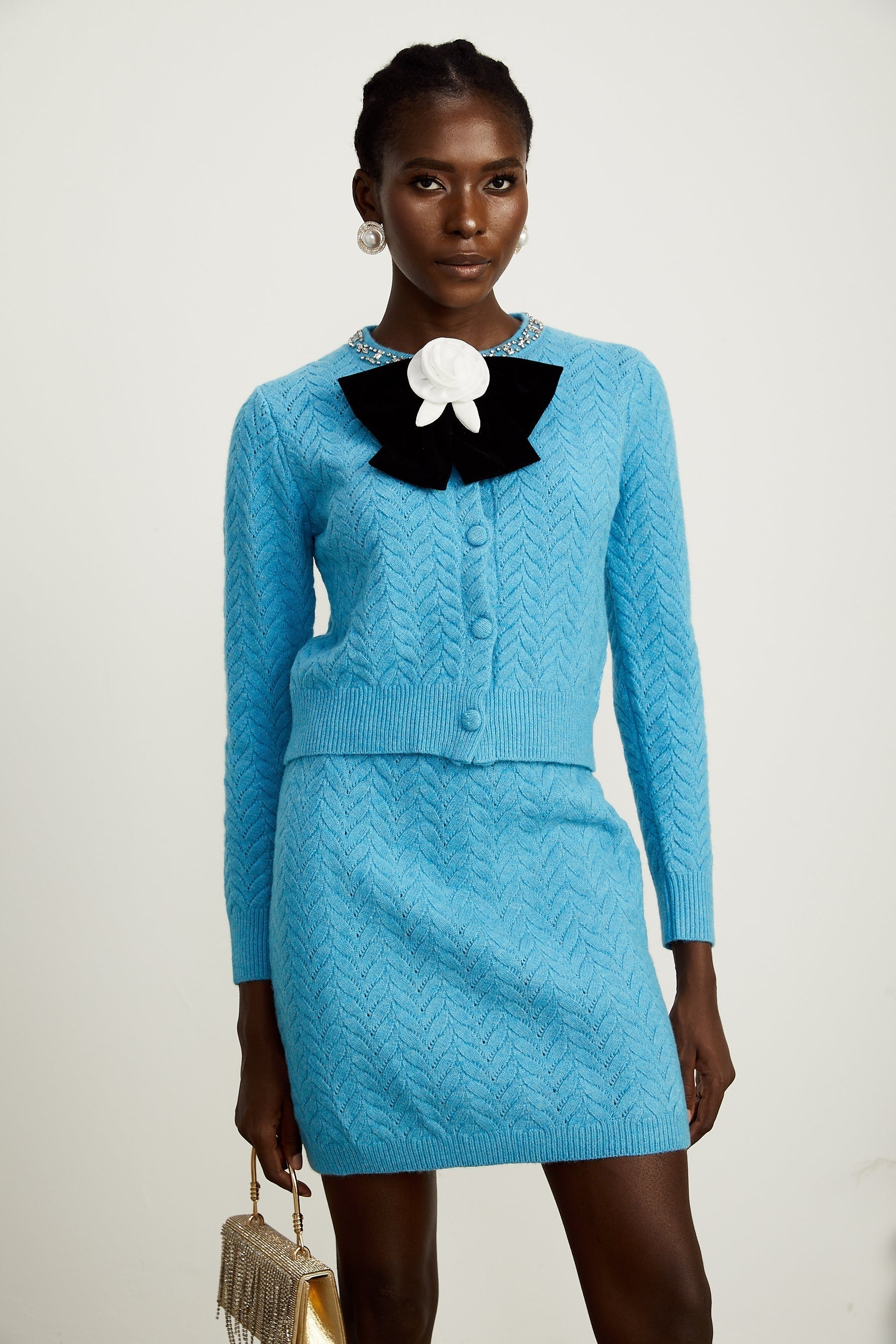 Aliénor blue knitted embellished cardigan  skirt matching set