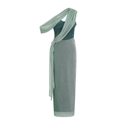 A green maxi dress with a corset bodice featuring a ribbon design detail named Delphine